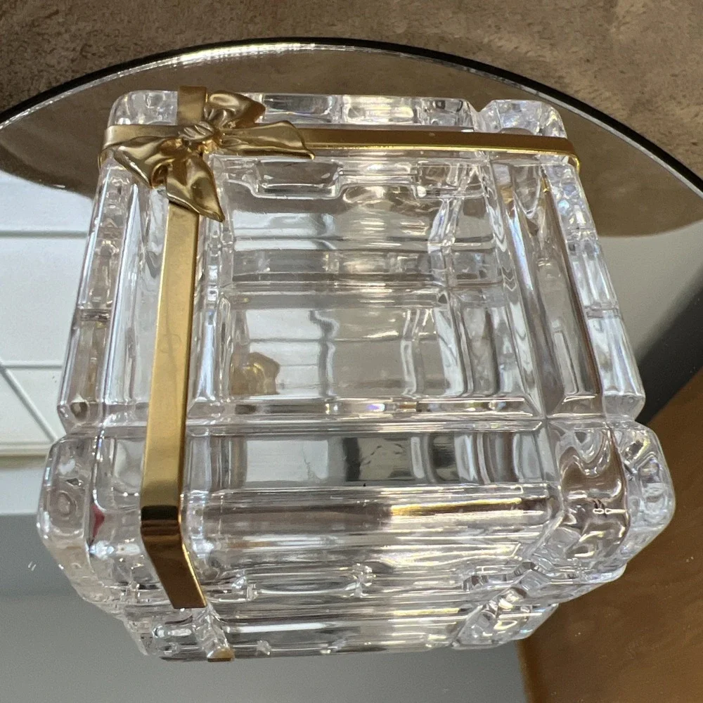 Vintage Glass Cut Jewelry Trinket Box With Gold Bow‎ On Top. Made in Italy
